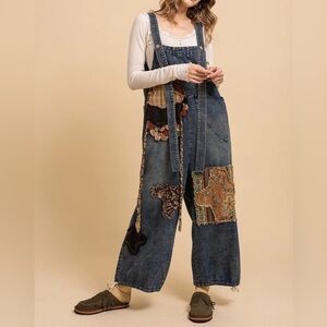 NWT BlueVelvet Denim Capri Overalls with Mixed Patches in Denim Sz XL